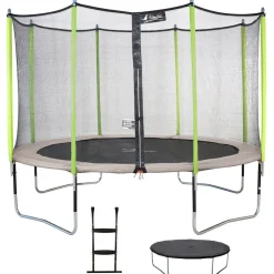 KANGUI - Trampoline 430 cm + filet de sécurité + échelle + bâche jumpi taupe/vert