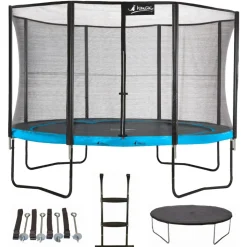 KANGUI - Trampoline 365 cm + filet + échelle + bâche + kit ancrage punchi bleu