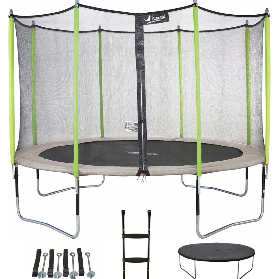 KANGUI - Trampoline 430 cm + filet + échelle + bâche + kit d'ancrage jumpi taupe/vert 430