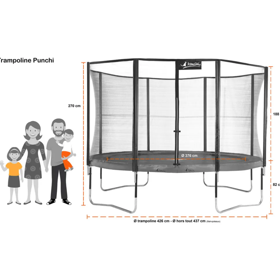 KANGUI - Trampoline 430 cm + filet + échelle + bâche + kit d'ancrage jumpi taupe/vert 430