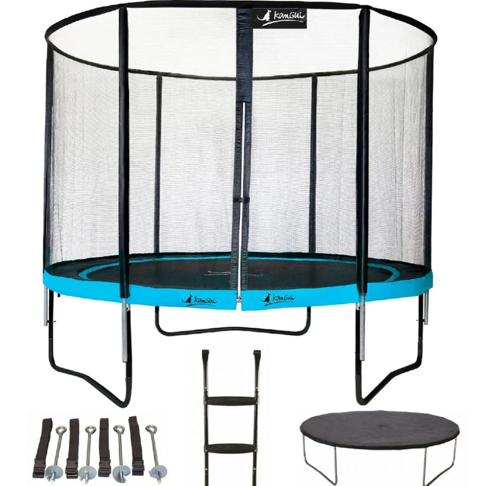 KANGUI - Trampoline 305 cm + filet + échelle + bâche + kit ancrage punchi bleu