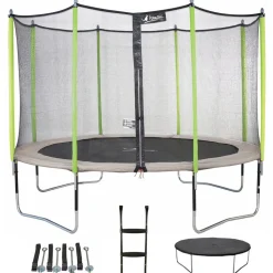 KANGUI - Trampoline 365 cm + filet + échelle + bâche + kit d'ancrage jumpi taupe/vert 360
