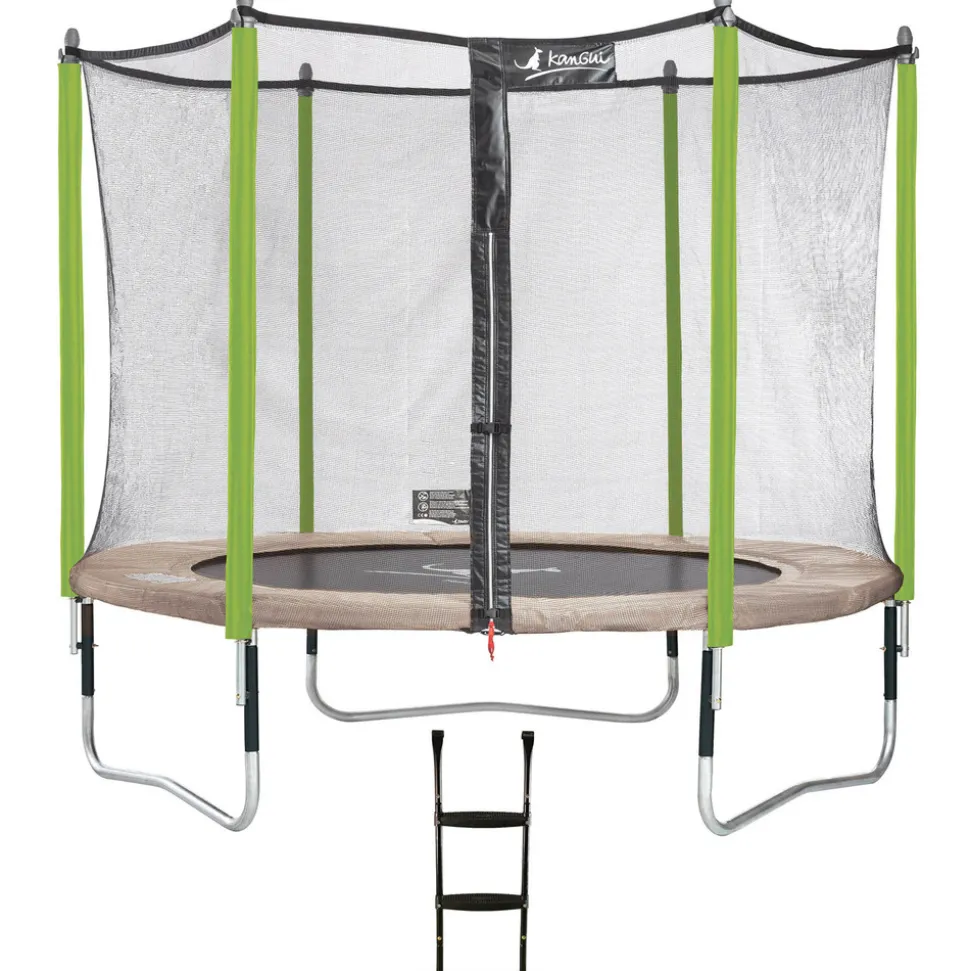 KANGUI - Trampoline de jardin 305 cm + filet de sécurité + échelle jumpi taupe/vert 300