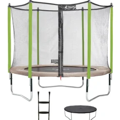 KANGUI - Trampoline de jardin jumpi taupe/vert 305 cm + filet + échelle + bâche de protec