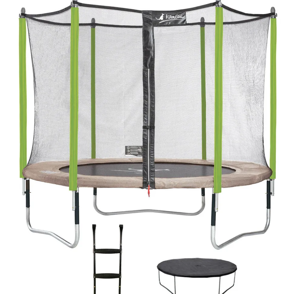 KANGUI - Trampoline de jardin jumpi taupe/vert 305 cm + filet + échelle + bâche de protec