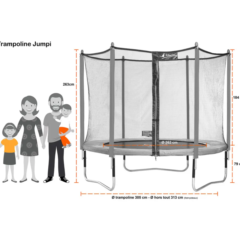 KANGUI - Trampoline de jardin jumpi taupe/vert 305 cm + filet + échelle + bâche de protec
