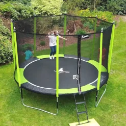 KANGUI - Trampoline de jardin 426 cm + filet de sécurité + échelle jumpi vert/noir 430