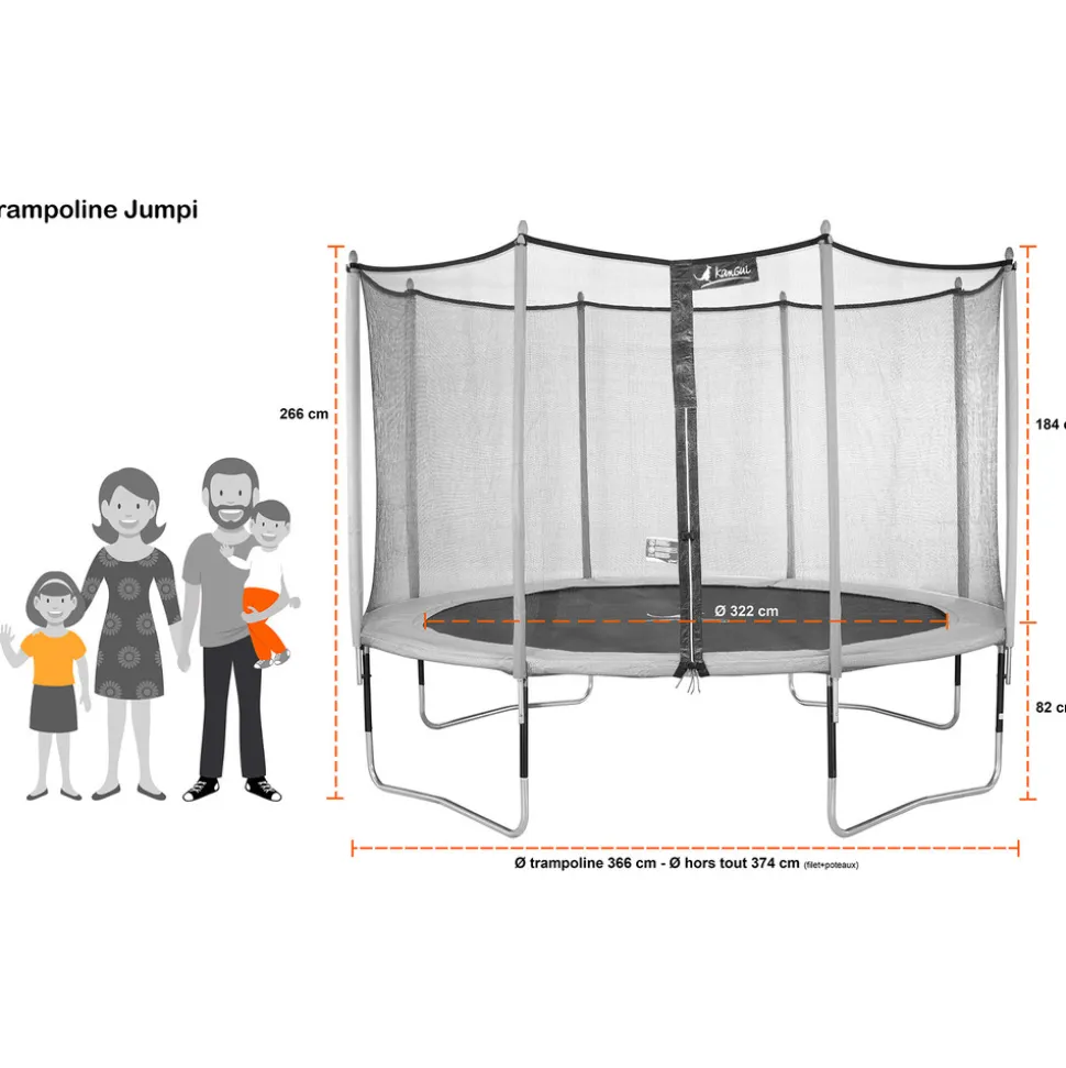 KANGUI - Trampoline de jardin 365 cm + filet de sécurité jumpi taupe/vert 360