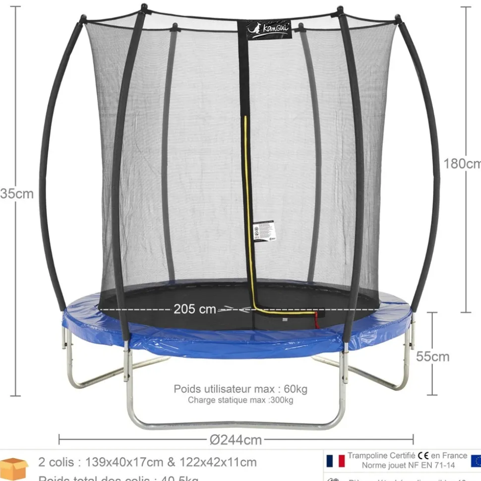 KANGUI - Trampoline rond ø250cm avec filet de sécurité intérieur - fpr 250