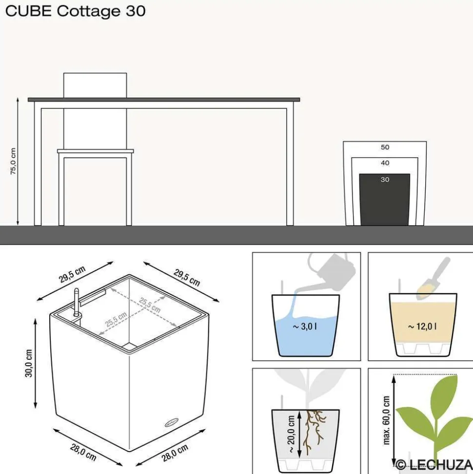 LECHUZA - Pot Cube Cottage en polypropylène, blanc L. 30 x l. 30 x H. 30 cm