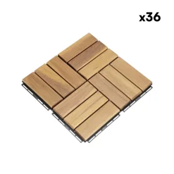 Lot de 36 dalles de terrasses 30x30cm en bois d'acacia. Motif carré. Clipsables