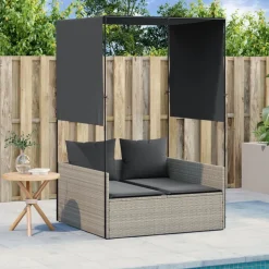 MAISON EXCLUSIVE - Chaise longue double avec toit et rideaux gris clair poly rotin