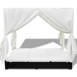 MAISON EXCLUSIVE - Chaise longue d'extérieur avec rideaux résine tressée noir