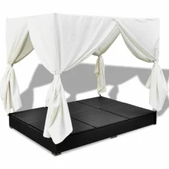 MAISON EXCLUSIVE - Chaise longue d'extérieur avec rideaux résine tressée noir
