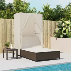 MAISON EXCLUSIVE - Chaise longue double avec toit et rideaux marron résine tressée