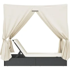 MAISON EXCLUSIVE - Chaise longue double avec toit et rideaux noir résine tressée
