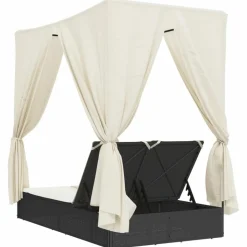 MAISON EXCLUSIVE - Chaise longue double avec toit et rideaux noir résine tressée