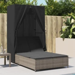 MAISON EXCLUSIVE - Chaise longue double avec toit et rideaux gris résine tressée