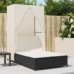 MAISON EXCLUSIVE - Chaise longue double avec toit et rideaux noir résine tressée