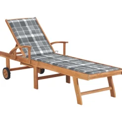MAISON EXCLUSIVE - Chaise longue avec coussin à carreaux gris bois de teck solide
