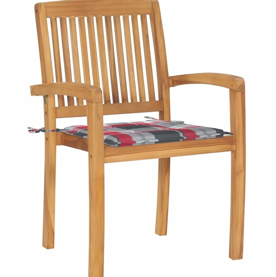 MAISON EXCLUSIVE - Chaises de jardin lot de 2 avec coussins à carreaux rouges teck