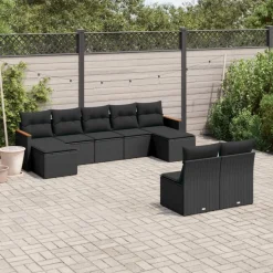 MAISON EXCLUSIVE - Salon de jardin 9 pcs avec coussins noir résine tressée