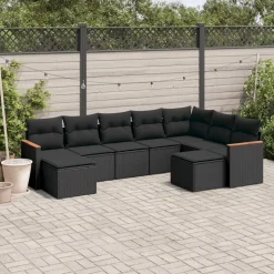 MAISON EXCLUSIVE - Salon de jardin 9 pcs avec coussins noir résine tressée