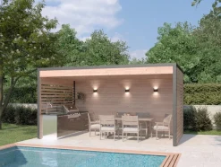 MON CHALET DE JARDIN - Pergola bois & Aluminum DESIGN 15m2 - Bois Douglas épaisseur 55mm - Toiture Bacacier avec voliges ss toiture