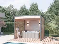 MON CHALET DE JARDIN - Studio de jardin DESIGN 9m² - Bois Douglas épaisseur 55mm - Porte coulissante alu - Toiture Bacacier avec voliges ss toiture