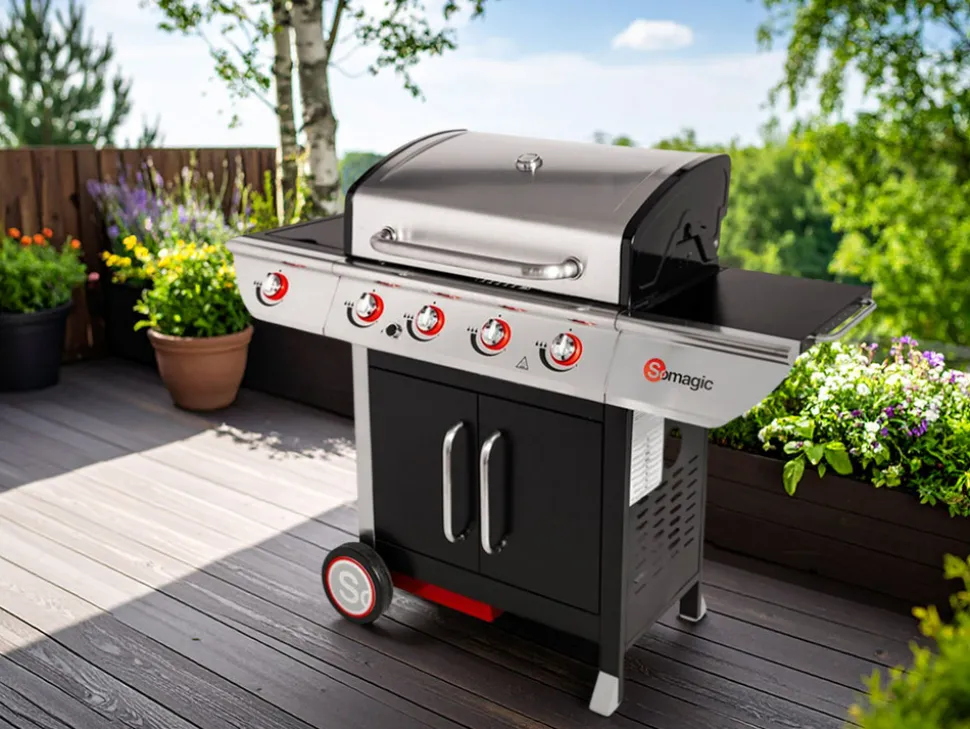 SOMAGIC - Barbecue à gaz avec chariot manhattan 450gpi, 4 brûleurs, 1 réchaud latéral et p