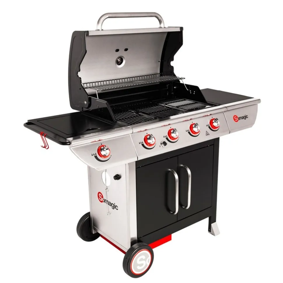 SOMAGIC - Barbecue à gaz avec chariot manhattan 450gpi, 4 brûleurs, 1 réchaud latéral et p