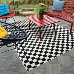 UNAMOURDETAPIS - Tapis extérieur, kilim reversible 200x290 motif damier a reversible noir et blanc