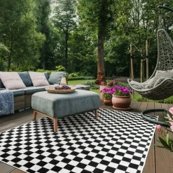 UNAMOURDETAPIS - Tapis extérieur, kilim reversible 120x170 motif damier lyn2 x reversible noir et blanc