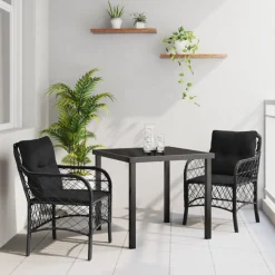 VIDAXL - Ensemble de salle à manger de jardin de 3 pièces avec coussins noir poly rattan