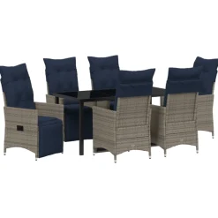 VIDAXL - Ensemble de salle à manger de jardin de 7 pièces avec coussins en rattan poly gris, table de jardin noire 160x80x73 cm en verre
