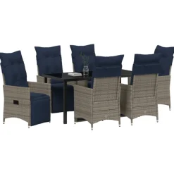 VIDAXL - Ensemble de salle à manger de jardin de 7 pièces avec coussins en rattan poly gris, table de jardin noire 160x80x73 cm en verre